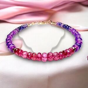 Natural Purple, Pink Sapphire Bracelet Handmade Solid 14K Gold , 7" - 7.5"